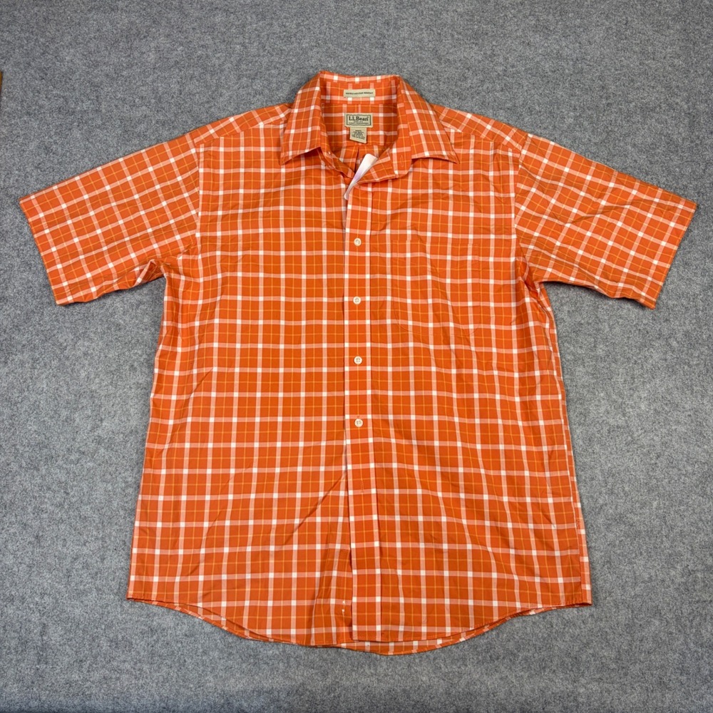 LL Bean Mens Orange Plaid Short Sleeve Button Down Shirt Cotton Medium Regular